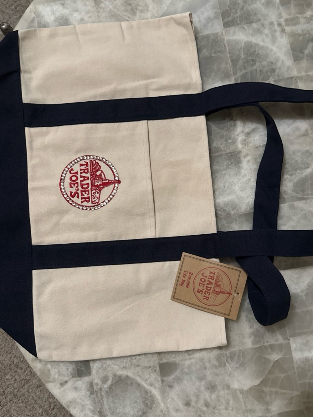 Trader Joe’s Large 💎bling Canvas Tote Bag in Cream and Navy